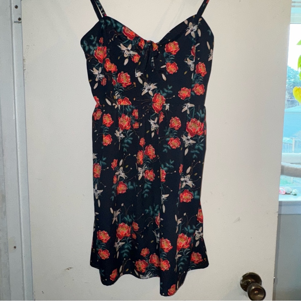 Vintage Y2K Roxy Mini Black Dress with Red Floral Design